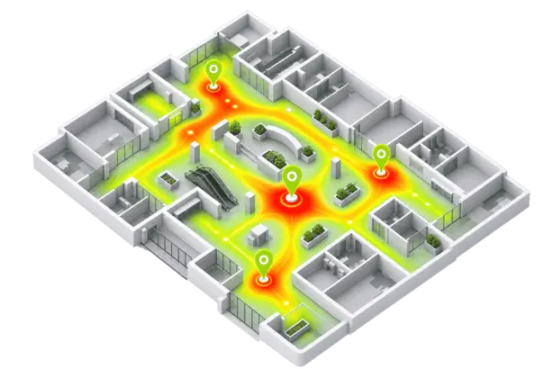 3D floor plan with a foot-traffic heatmap showing high-visit zones in red and orange